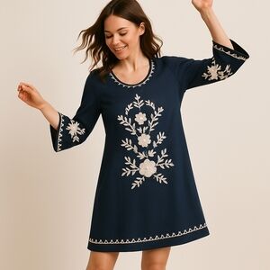 NWOT By Together Floral Embroidered Natural Materials Dress Wide Sleeves Flax, C